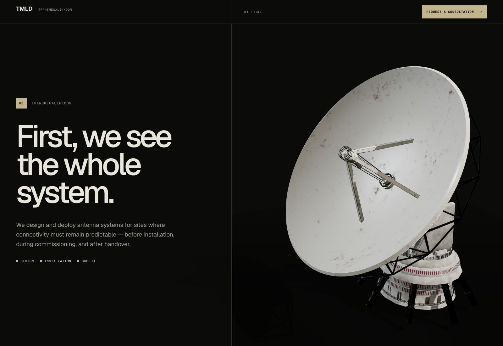 ТрансМегаЛинкДон website hero with a three-dimensional satellite dish